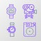 Set line Floppy disk, Wrist watch, Retro cinema camera and icon. Vector