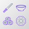 Set line Flower, Sushi, Bowl of hot soup and Traditional Japanese katana icon. Vector