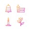 Set line Flower tulip, Burning candle in candlestick, Ringing bell and Church building. Gradient color icons. Vector