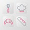 Set line French baguette bread, Croissant, Chef hat and Kitchen whisk icon. Vector