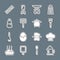 Set line French press, Chef hat, Fork, Scales, Barbecue steel grid, Salt, Food chopsticks and Cooking pot icon. Vector