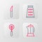 Set line French press, Pizza knife, Grater and Knife icon. Vector