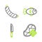 Set line Fresh frozen steak meat, Knife, Fish and Sausage icon. Vector