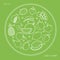 Set of line fruit white icons in circle isolated on green background. Vegan and healthy food
