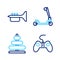 Set line Gamepad, Pyramid toy, Roller scooter and Trumpet icon. Vector