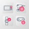 Set line Gamepad setting, Wrist watch, Drill machine and Microwave oven icon. Vector