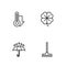 Set line Garden rake, Umbrella and rain drops, Thermometer and Four leaf clover icon. Vector