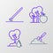 Set line Garden trowel spade or shovel in the ground, Watering Tree, with apple and rake work icon. Vector