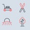 Set line Gardening scissors, Sunrise, Tree and Lawn mower icon. Vector