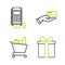 Set line Gift box, Shopping cart and food, Human hand holding with credit card and Pos terminal inserted icon. Vector