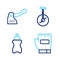 Set line Gloves, Sport bottle with water, Unicycle one wheel bicycle and Bicycle brake icon. Vector