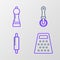 Set line Grater, Rolling pin, Pizza knife and Pepper icon. Vector