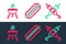 Set line Grilled shish kebab, Barbecue grill and Hotdog sandwich icon. Vector