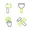 Set line Hammer and wrench, Settings in the hand, Putty knife and Wooden axe icon. Vector