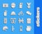 Set line Hand grenade, Chevron, Gas mask, smoke, Military barracks, Dynamite bomb and Swiss army knife icon. Vector