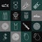 Set line Hand grenade, Radar with targets, Submarine, Aviation bomb, Parachute first aid kit, Bullet, and Chevron icon