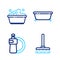 Set line Handle broom, Dishwashing liquid bottle plate, Bathtub and Plastic basin with soap suds icon. Vector