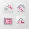 Set line Hanging sign with For Sale, House plan, key and icon. Vector