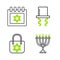 Set line Hanukkah menorah, Shopping bag with star of david, Orthodox jewish hat sidelocks and Jewish calendar icon