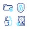 Set line Hard disk drive and lock, Broken or cracked, Shield security with and Folder icon. Vector