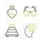 Set line Head with heart, Wedding cake, Heart shaped love glasses and Bottle potion icon. Vector