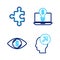 Set line Head hunting concept, Eye with dollar, Light bulb laptop and Piece of puzzle icon. Vector