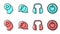 Set line Headphones, Head people with play button, Musical note in speech bubble and Power button icon. Vector