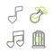 Set line Heart in the bird cage, Music note, tone with hearts, Bottle love potion and icon. Vector