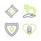 Set line Heart with female, Gender shield, Female, gender and Condom in package icon. Vector
