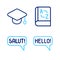 Set line Hello in different languages, Salut, Translator book and Graduation cap icon. Vector