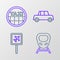 Set line High-speed train, Airport, Car and Taxi car roof icon. Vector