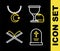 Set line Holy grail or chalice, Tombstone with cross, book of Koran and Star and crescent chain icon. Vector