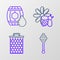 Set line Honey dipper stick, Honeycomb, Bee and flower and Wooden barrel with honey icon. Vector