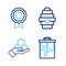 Set line Honeycomb, and hand, Hive for bees and medal icon. Vector