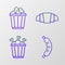 Set line Hotdog, Chicken leg in package box, Croissant and Popcorn icon. Vector