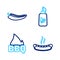 Set line Hotdog sandwich, Barbecue fire flame, Ketchup bottle and chili pepper pod icon. Vector