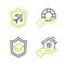 Set line House in hand, Graduation cap with shield, Lifebuoy and Plane icon. Vector