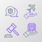 Set line House in hand, Judge gavel, Plane and Location shield icon. Vector
