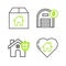Set line House with heart shape, shield, Warehouse dollar symbol and Cardboard box icon. Vector