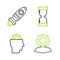 Set line Human with gear inside, Old hourglass flowing sand and Rocket ship fire icon. Vector