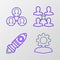 Set line Human with gear inside, Rocket ship fire, Project team base and icon. Vector