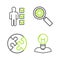 Set line Human head with lamp bulb, Piece of puzzle, Magnifying glass and gear and User business suit icon. Vector