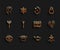 Set line Hypnosis, Magician hat, fog or smoke, lamp Aladdin, Wizard warlock, wand, runes and Ancient magic book icon