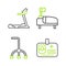 Set line Identification badge, Walking stick cane, Hospital bed and Treadmill machine icon. Vector