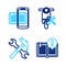 Set line Interesting facts, Crossed hammer and wrench, Scooter service and Smartphone book icon. Vector