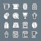 Set line Irish coffee, Coffee beans, Teapot, Bag, cup, Barista, and V60 maker icon. Vector