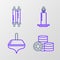 Set line Jewish coin, Hanukkah dreidel, Burning candle candlestick and Torah scroll icon. Vector