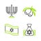 Set line Jewish money bag, Flag of Israel, Olives branch and Hanukkah menorah icon. Vector