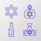 Set line Jewish money bag, wine bottle, Burning candle and Star of David icon. Vector