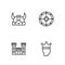 Set line King crown, Castle, Viking horned helmet and Round shield icon. Vector